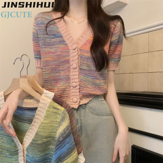 Áo len cardigan dệt kim ngắn tay JINSHIHUIGjcute phong cách Hồng Kông thời trang mùa hè dành cho nữ