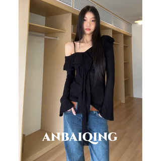 Anbaiqingbamboo áo sơ mi đeo vai dài tay coquette áo sơ mi vai đơn đế mới nghiêng vai áo sơ mi