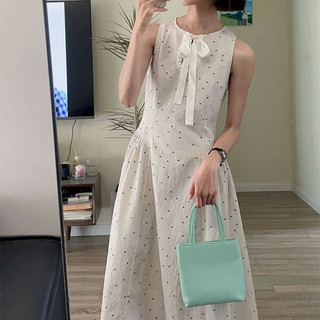 Phong Cách Pháp Mới Nhẹ Nhàng Đầm Chấm Bi Trắng Hoa Không Tay Nơ Cao Cấp