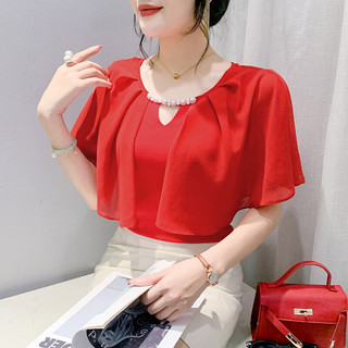 MIOU Áo sơ mi voan xù màu đỏ thời trang dự tiệc mùa hè mới cotton tay ngắn màu đỏ hàng đầu mỏng vừa vặn Áo thun nữ độc đáo