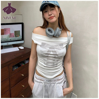 Áo thun nữ XIYUYI phong cách Mỹ nơ in hình một vai ngắn tay dáng ôm vừa vặn