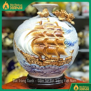 Bình hút lộc, bình hút tài lộc thuận buồm xuôi gió đắp nổi men rạn, gốm sứ bát tràng cao cấp