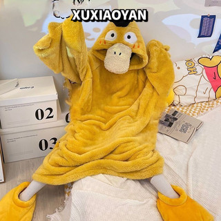 Xuxiaoyan Bộ đồ ngủ nhung san hô rộng và dày có mũ trùm đầu hình con vịt, vui nhộn cho nam / mặc ngoài trời