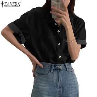 Zanzea Nữ Hàn Quốc Túi Chặn Màu Áo Sơ Mi Tay Ngắn Rời