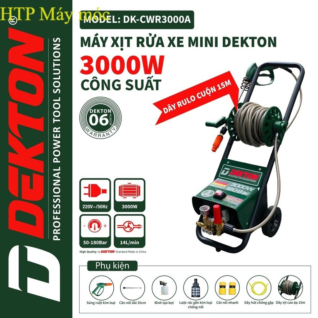 MáyRửa Xe Dekton 3000W CWR3000A Siêu Mạnh Thiết Kế Mới Có Bánh Xe Đẩy Và RULO Dây 15M HPT máy móc  r