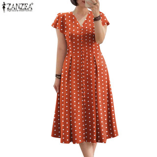 Zanzea Nữ Vintage Chấm Bi Thời Trang Ruffle Nút Một Viền Bao Tay Váy