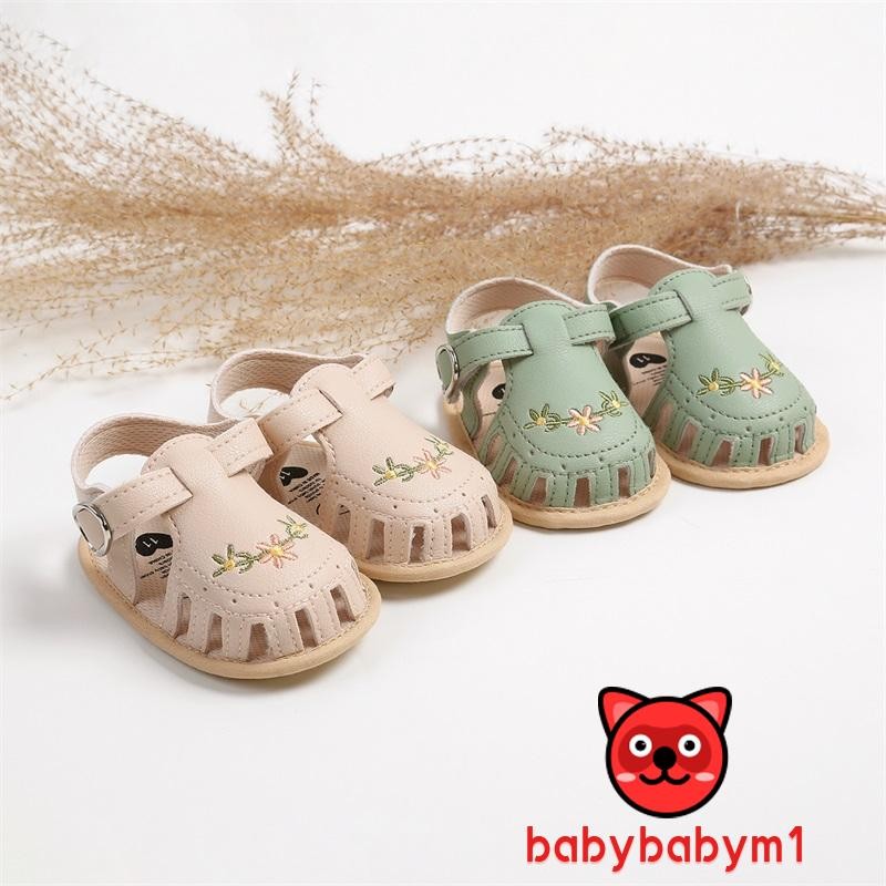 Dép thêu hoa mùa hè bằng da PU chống trượt Bab-Baby Girl
