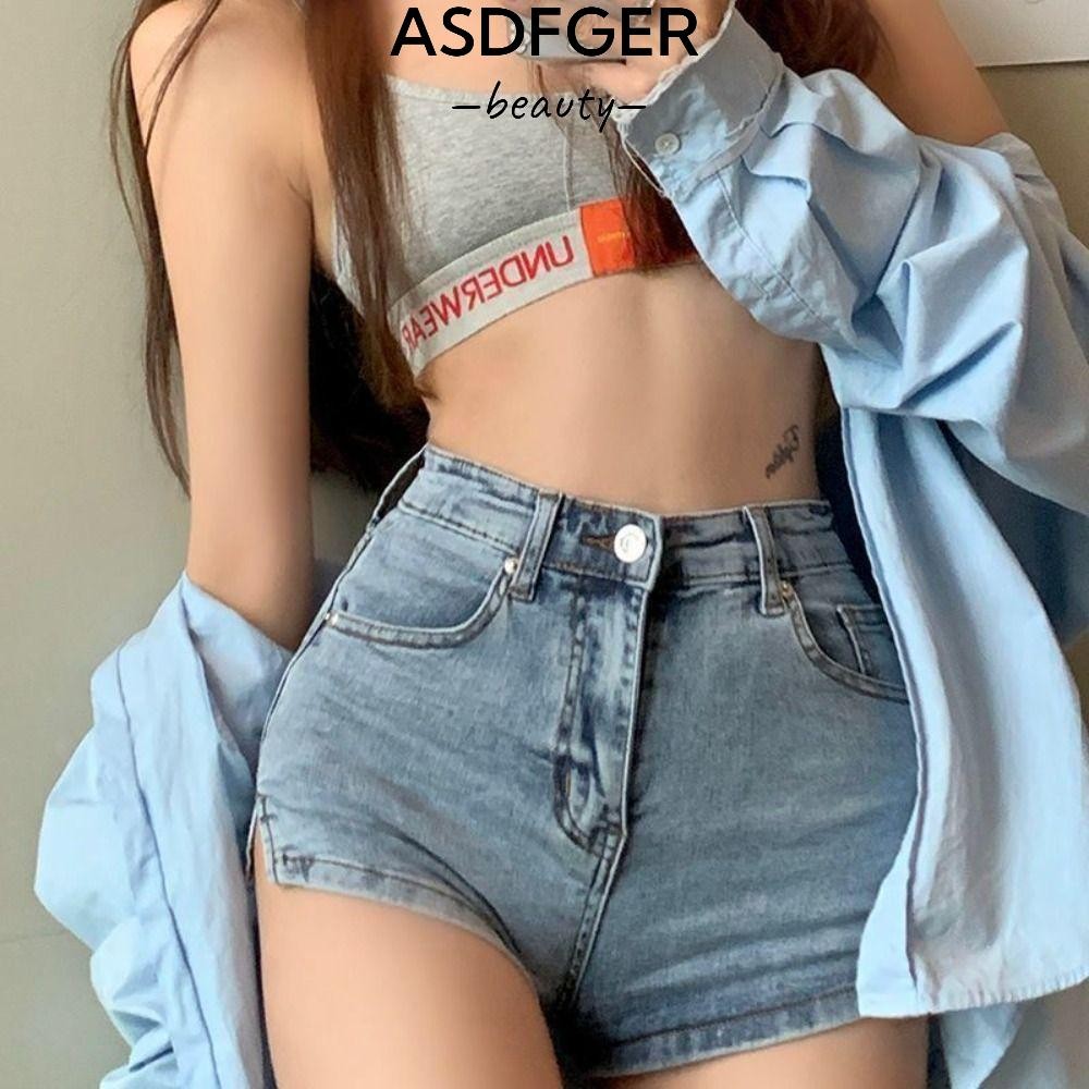 Asdfger Quần short xẻ eo cao, Quần short Jean chữ A lưng cao thông thường, Quần short Jean dáng ôm g