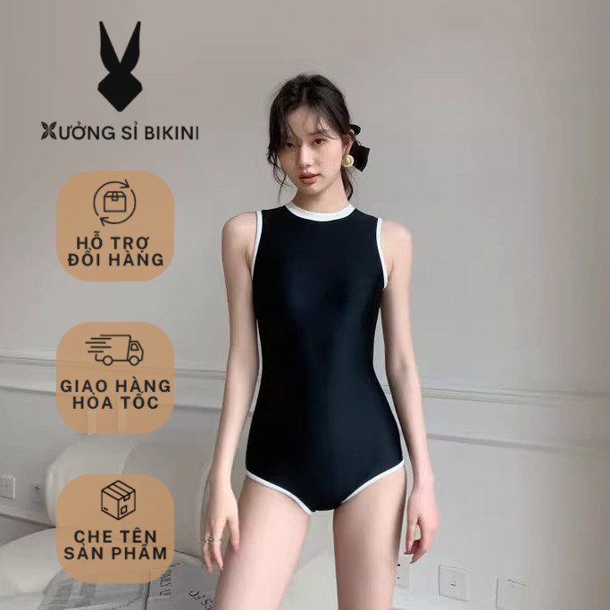 Bikini liền mảnh đồ bơi nữ đi biển KÉO KHÓA SAU LƯNG màu đen viền trắng 2025