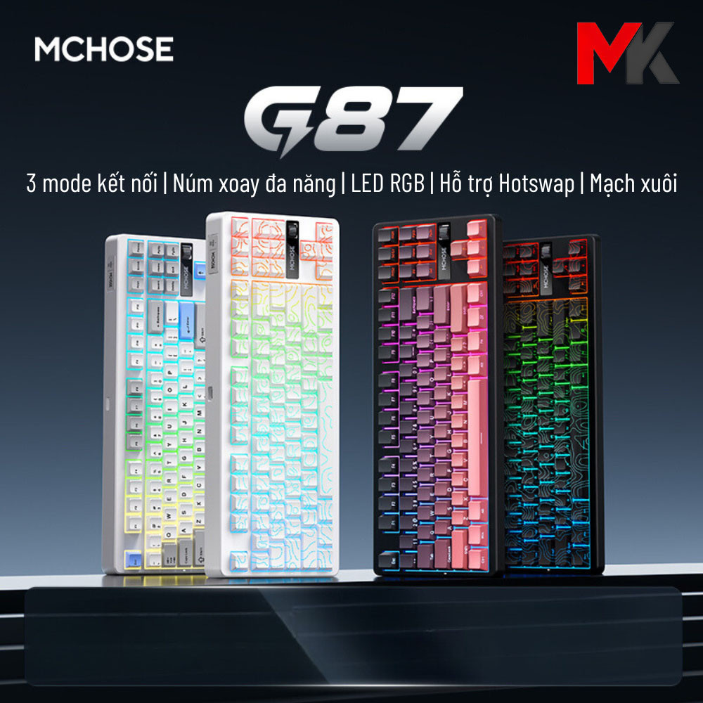 Bàn phím cơ Mchose G87 - 3 mode, RGB, hotswap - Layout TKL - Có núm xoay đa năng - Mạch xuôi