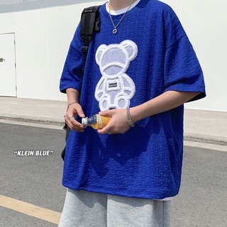 Áo thun ngắn tay hình gấu Klein Blue Flocking Bear Male Niche Design Street Wear Loose Couple Wear Half-Sleeved 4.