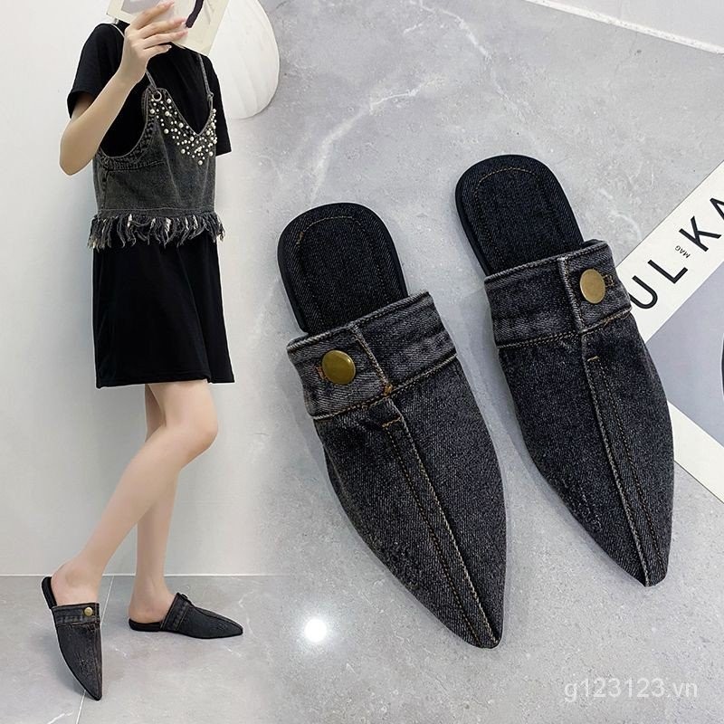 Size Lớn Pháp Niche Slip-On Flat Baotou Nửa Slip-On Mùa Hè Phong Cách Mới Phiên Bản Hàn Quốc Giày Denim Thời Trang Nữ ILHX