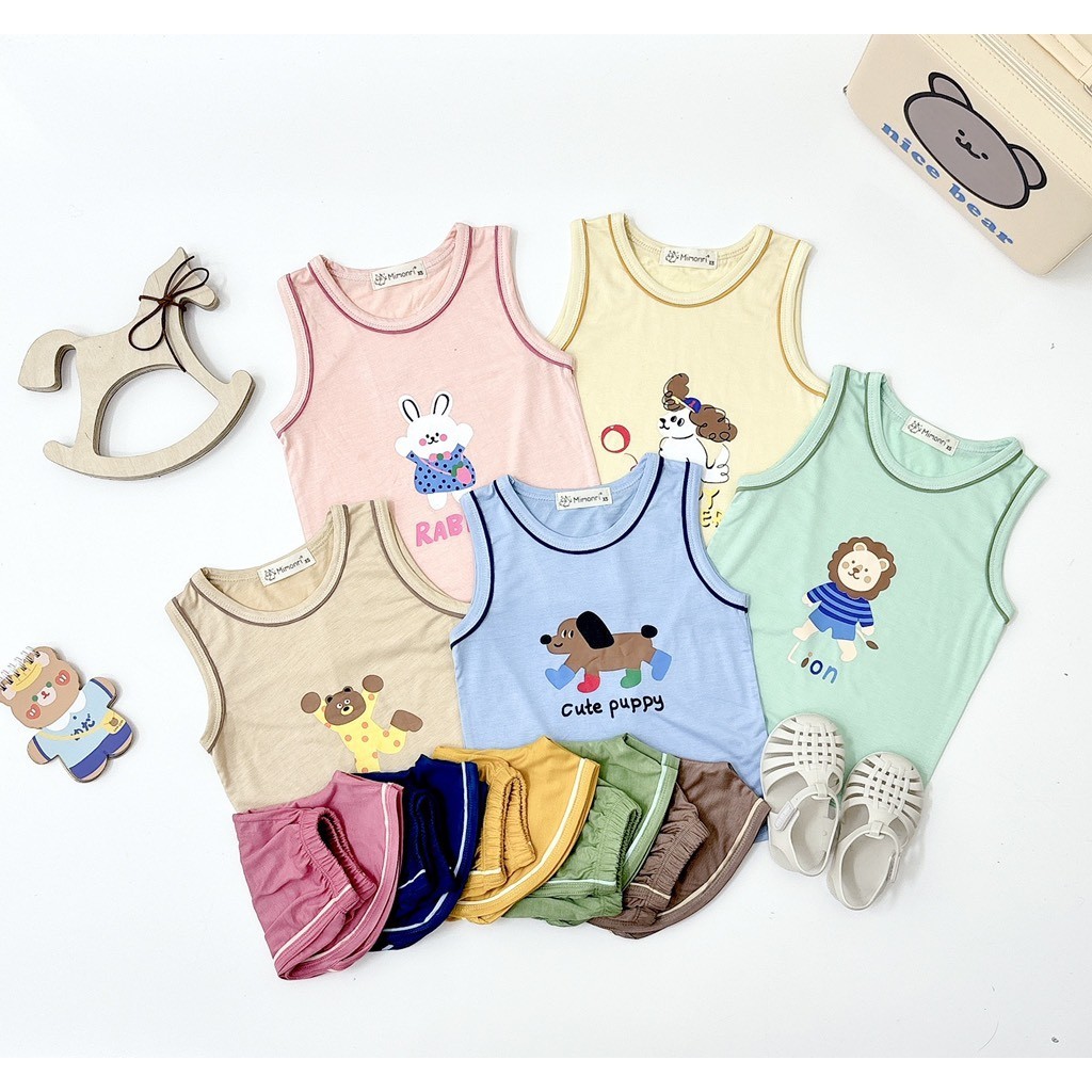 (Bl07) Bộ quần áo ba lỗ thun lạnh in hình cho bé trai, bé gái