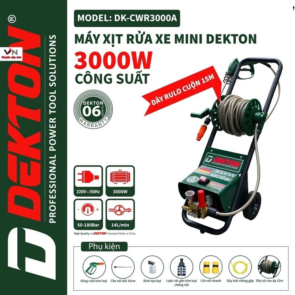 Máy Rửa Xe Dekton 3000W - CWR3000A Siêu Mạnh Thiết Kế Mới Có Bánh Xe Đẩy Và RULO VN Chuyên máy móc