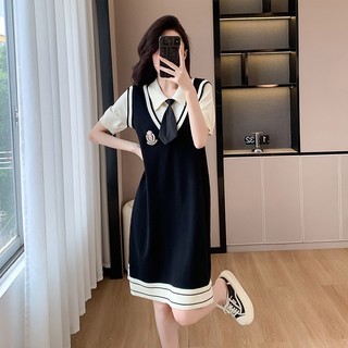 Váy nhân rộng 2024 Váy dệt kim ngắn tay phong cách Preppy dáng rộng mỏng hơn Nhìn polo giảm tuổi