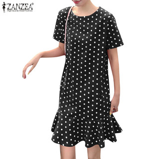 Zanzea Thời Trang Nữ Hàn Quốc Chấm Bi Cổ Tròn Tay Ngắn Rời Ruffle Hem Đầm