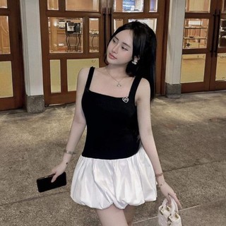 Váy hai dây bản to cổ vuông sang chảnh đầm đi tiệc thiết kế chân váy bồng xoè HN Clothing V275