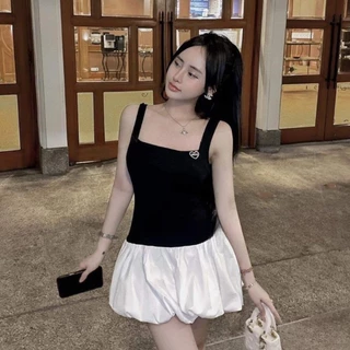Váy hai dây bản to cổ vuông sang chảnh đầm đi tiệc thiết kế chân váy bồng xoè HN Clothing V275