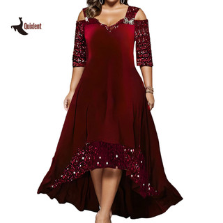 QUIXLENT Prom Đầm Dự Tiệc Sequin Cổ Chữ V Tay Nửa Vai Màu Trơn Chữ A
