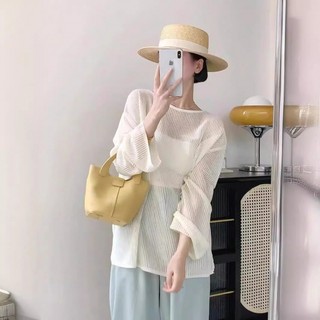 Pure Desire Style Cổ Tròn Mỏng Rỗng Dài Tay Chống Nắng Áo Dệt Kim