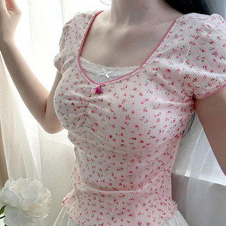 Áo Thun Nguyên Chất Desire Phong Cách Ngọt Ngào Ren Chắp Vá Giả Hai Mảnh Áo Thun Mới Hoa Pháp Mỏng Phù Hợp Với Đa Năng Tay Ngắn