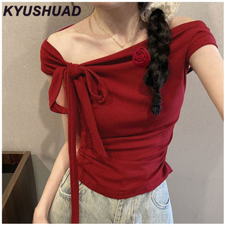 Kyushuad Áo thun một vai màu đỏ mùa hè dành cho nữ có dây đeo ngắn