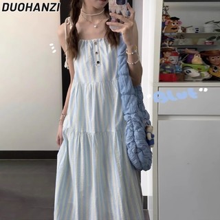Duohanzi Váy nữ kiểu Pháp lười biếng váy treo màu xanh phong cách Nhật Bản mới văn học dáng rộng cảm giác váy dài