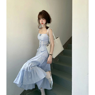 Váy Phối Ren Cạp Cao Hai Dây Hoa Màu Xanh Mùa Hè Phong Cách Dịu Dàng Kiểu Pháp, Bộ Đồ Kiểu Tây Tươi Trẻ Cho Nữ