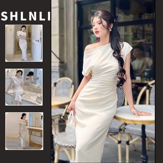 Off Vai Không Đều Eo Gấp Giữa Chiều Dài Quấn hông Đầm Cho Nữ Xuân Hè