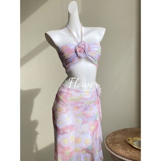 Bộ Ba Mảnh Mẫu Mới Màu Hồng Váy Dài BIKINI Đồ Bơi Kỳ Nghỉ Bãi Biển Ngọt Ngào Dễ Thương