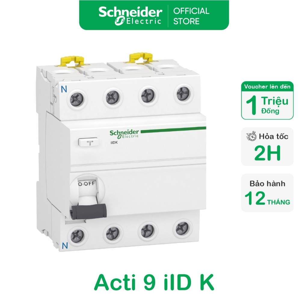 Cầu dao chống dòng rò RCCB 4P - 4.5kA - 30mA - 400VAC - Acti 9 iID K - Schneider Electric - A9R50425