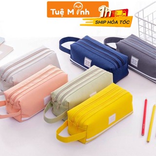 Túi bút vải canvas 2 ngăn to rộng TB06, hộp bút bóp viết màu Pastel sọc trắng đựng dụng cụ, máy tính