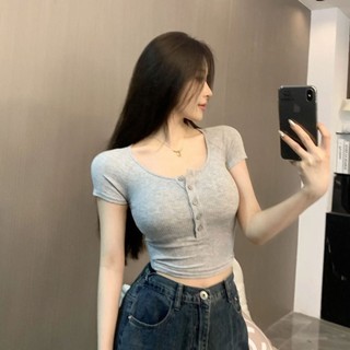Jiashuchen Thể Hiện Hình Cổ Chữ U Nhiều Nút Tay Ngắn Nữ Mùa Hè Phong Cách Mới Phù Hợp Với Phong Cách Phương Tây Căng Chặt T @ -