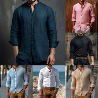 Áo sơ mi đứng cổ áo vintage nút xuống áo sơ mi cotton thời trang hàng ngày