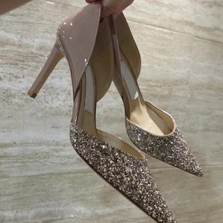 Giày Cao Gót Nữ Mũi Nhọn Stiletto Gót Lấp Lánh Bên Giày Rỗng Size 34-39