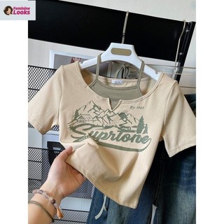 Phong Cách Mỹ In Hình Giả Hai Mảnh Dây Cổ Ngắn Tay Áo Thun Slim-Fit Crop Ngắn Top