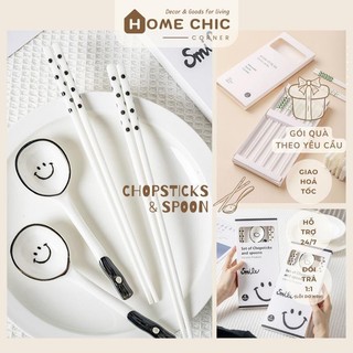 Set muỗng sứ hình mặt cười Hàn Quốc Chamies cute decor hoặc dụng cụ ăn cơm gia đình | Home Chic Corner