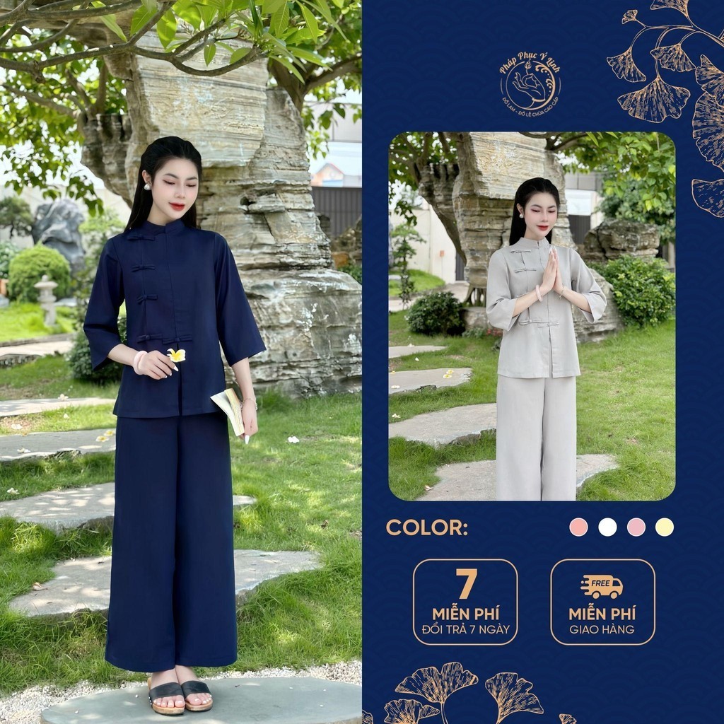 Bộ đồ lam đi chùa truyền thống chất đũi dày dặn nghiêm trang - Quần áo pháp phục đi chùa nữ - B08