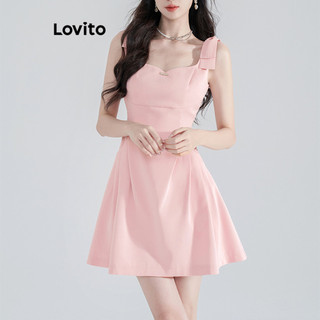 Đầm Lovito màu trơn xếp nếp kiểu nơ phối kim loại phong cách thường ngày cho nữ L80ED456