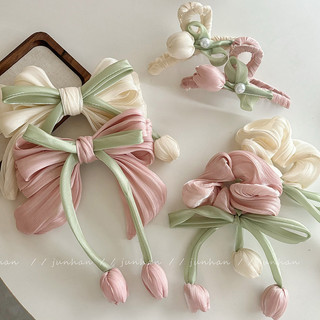 Ngọt Ngào Tulip Scrunch Buộc Tóc Nữ Nơ Màu Hồng Cao Đuôi Ngựa Phụ Kiện Tóc