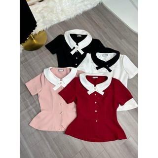 Áo peplum bảo khánh shop áo kiểu ôm công sở cổ bẻ phối nơ cúc ngọc ngắn tay chất chéo ý 287