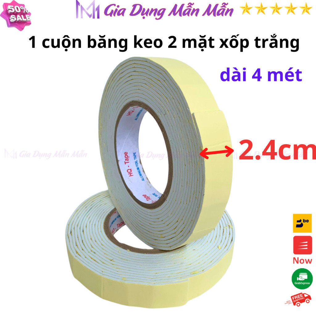 SKU170-Cuộn băng keo 2 mặt xốp trắng rộng 2.4cm, dài 4 mét, độ dầy 3mm, lõi giấy 3mm