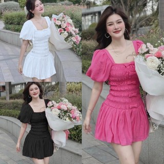 Váy dự tiệc cổ vuông tay bồng chun eo nơ tôn dáng ôm body sexy chất đũi nhăn, Đầm nữ xoè Bí công chúa ulzzang, EYE