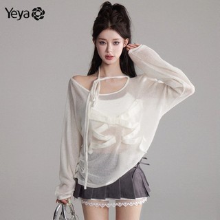 Áo thun nữ dài tay YEYA Áo thun nữ nơ trắng buộc áo thun dài tay dáng rộng thường ngày