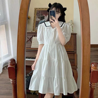 Mới Ngọt Ngào Tay Ngắn Phong Cách Preppy Cao Cấp Tay Ngắn Đầm Midi