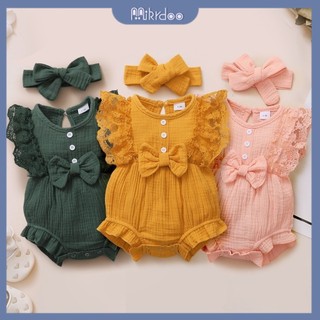 Áo liền quần Mikrdoo phối bèo nhún + băng đô cho bé 0-18 tháng