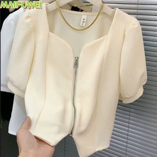 Áo Cardigan Cổ Vuông Tay Phồng Phối Khóa Kéo Phong Cách Pháp Thời Trang Mùa Hè Mới Cho Nữ