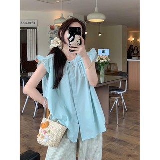 Mint Mambo Tươi Trẻ Hơn Bay Tay Áo Sơ Mi Nữ Mùa Hè 2024 Mới Phong Cách Phương Tây Đa Năng Rời Top