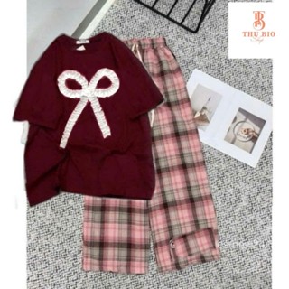 Sét bộ đồ quần ống rộng kẻ CARO hồng + kèm áo phông phom rộng tay lỡ  hình nơ rúm ĐỎ-shopthubio98