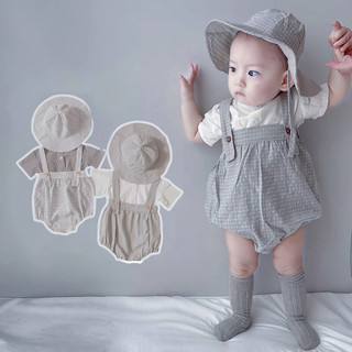 Bộ áo sơ mi ngắn tay cho bé trai sơ sinh 0-2 tuổi + Quần họa tiết Caro + Mũ thời trang cho bé